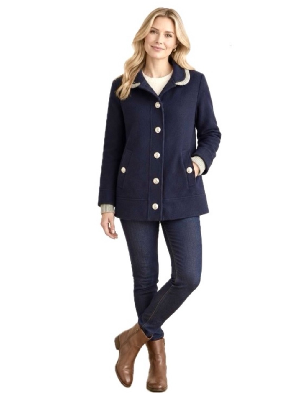 Tommy Hilfiger, military style peacoat w/ gray knit trim anchor detail, size L